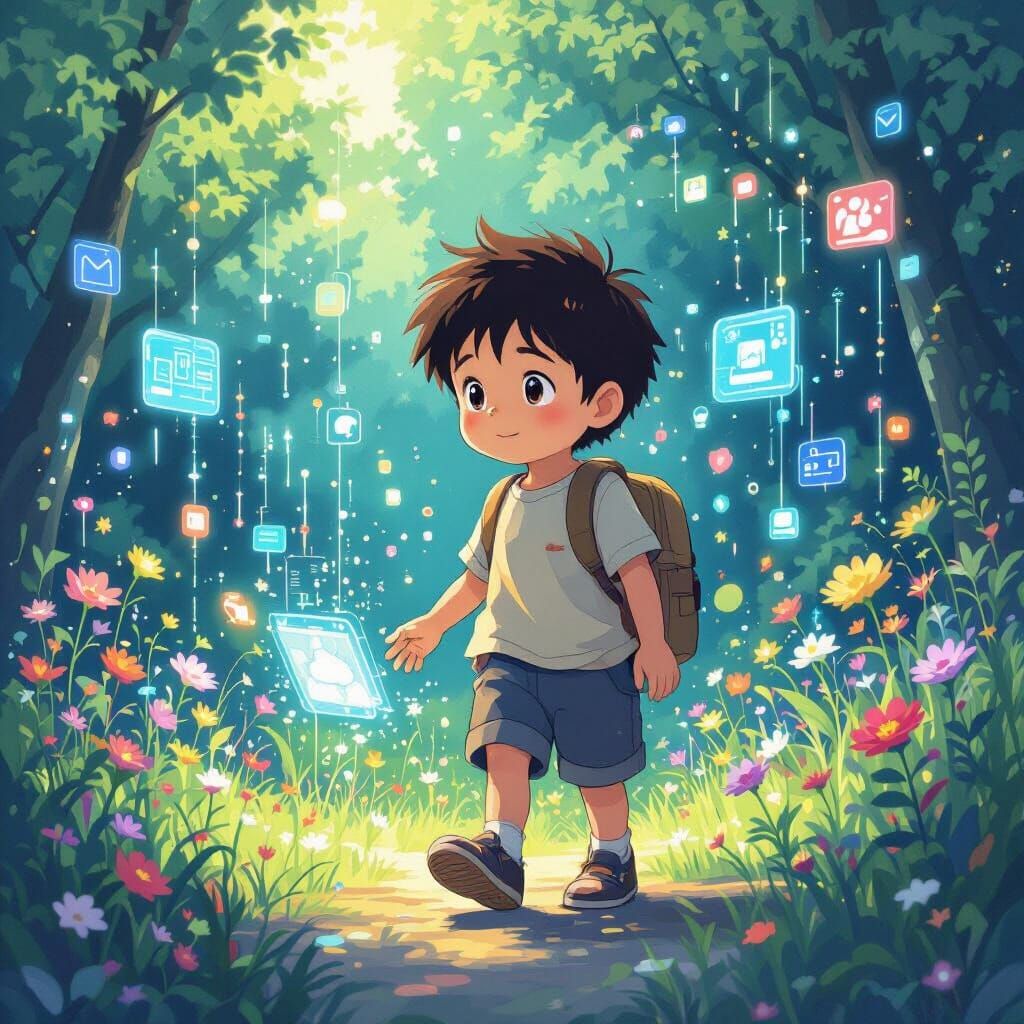 Boy's Digital Footprint in Whimsical Online World