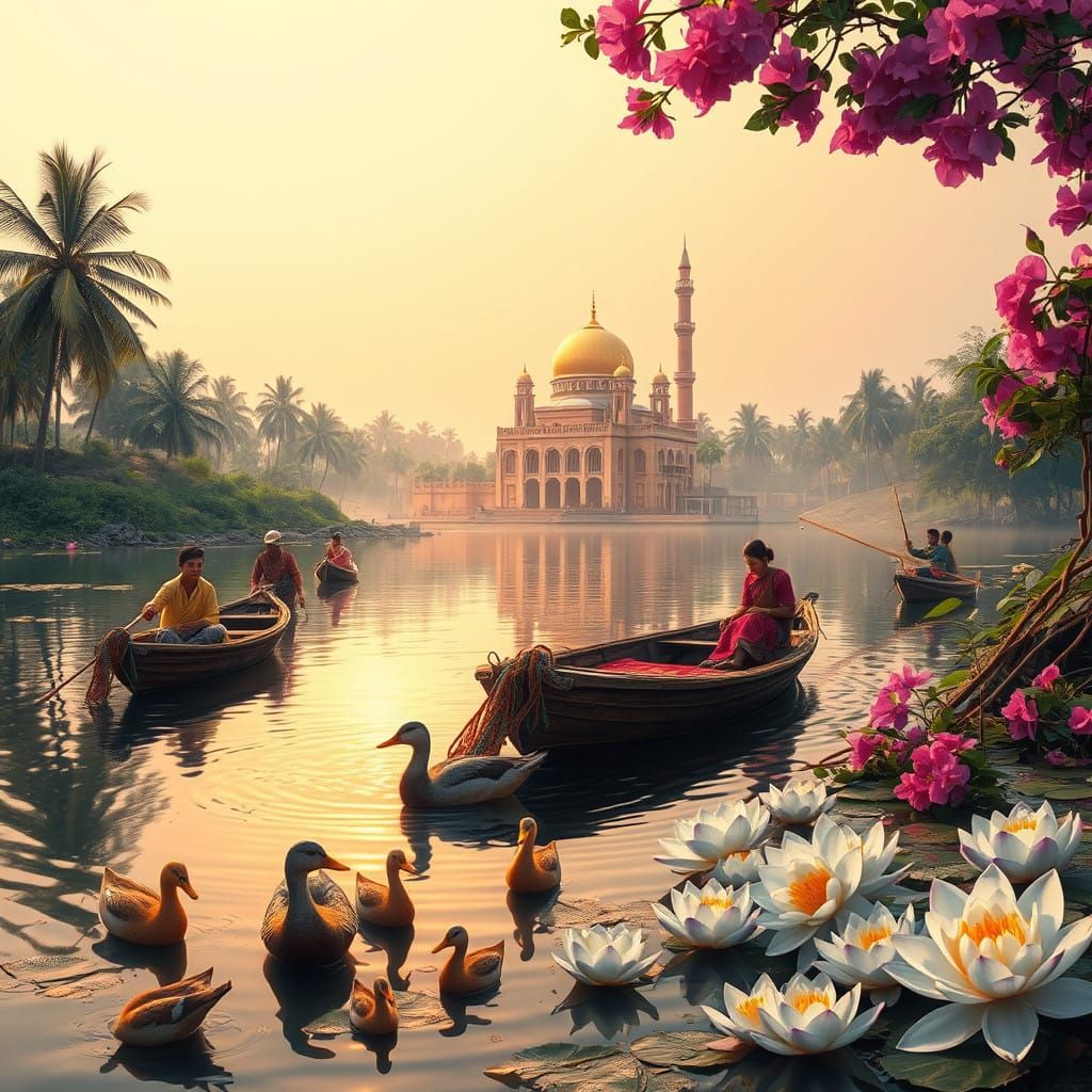 Bangladesh River Scene in Vibrant Colors at Golden Hour