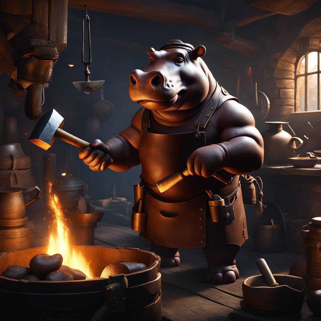 Hippo Blacksmith in Dark Fantasy Concept Art