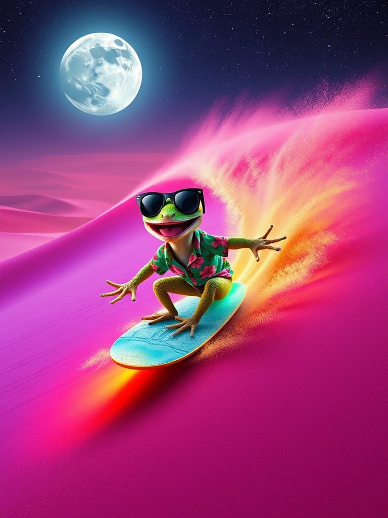Vibrant Gecko Rides Cosmic Sand Wave