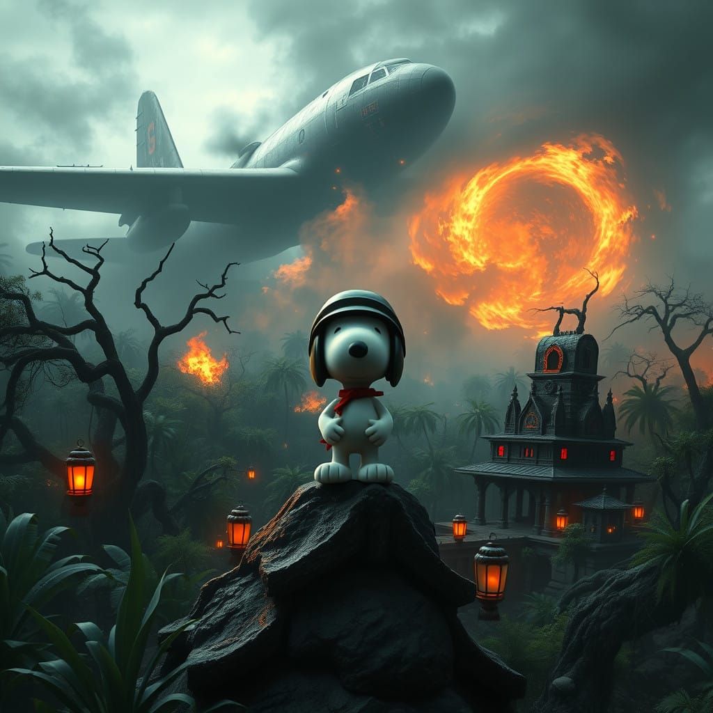 Surreal War Scene with Snoopy in Apocalypse