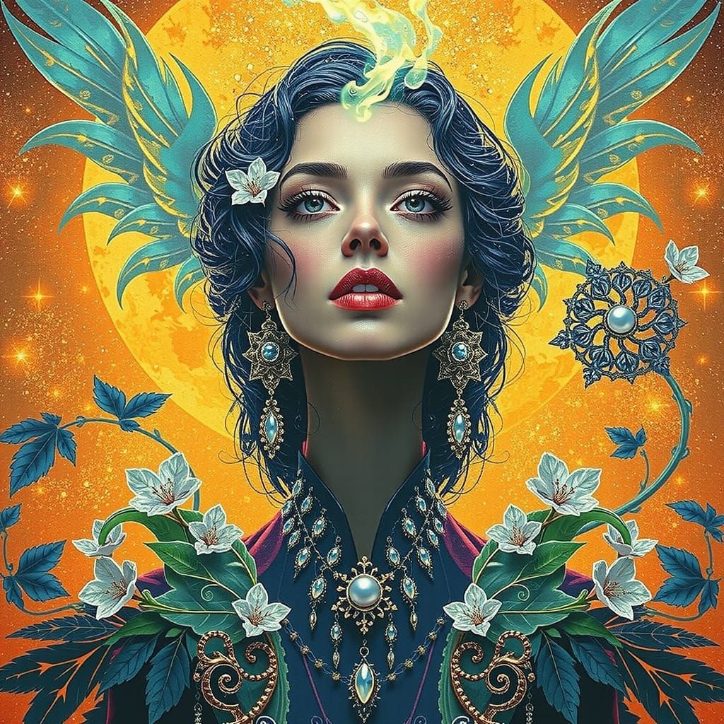 Woman in Starry Night Sky with Fractal Outfit