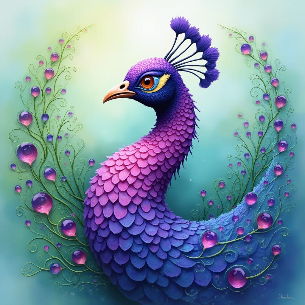 Vibrant Peacock in Whimsical Impressionist Landscape