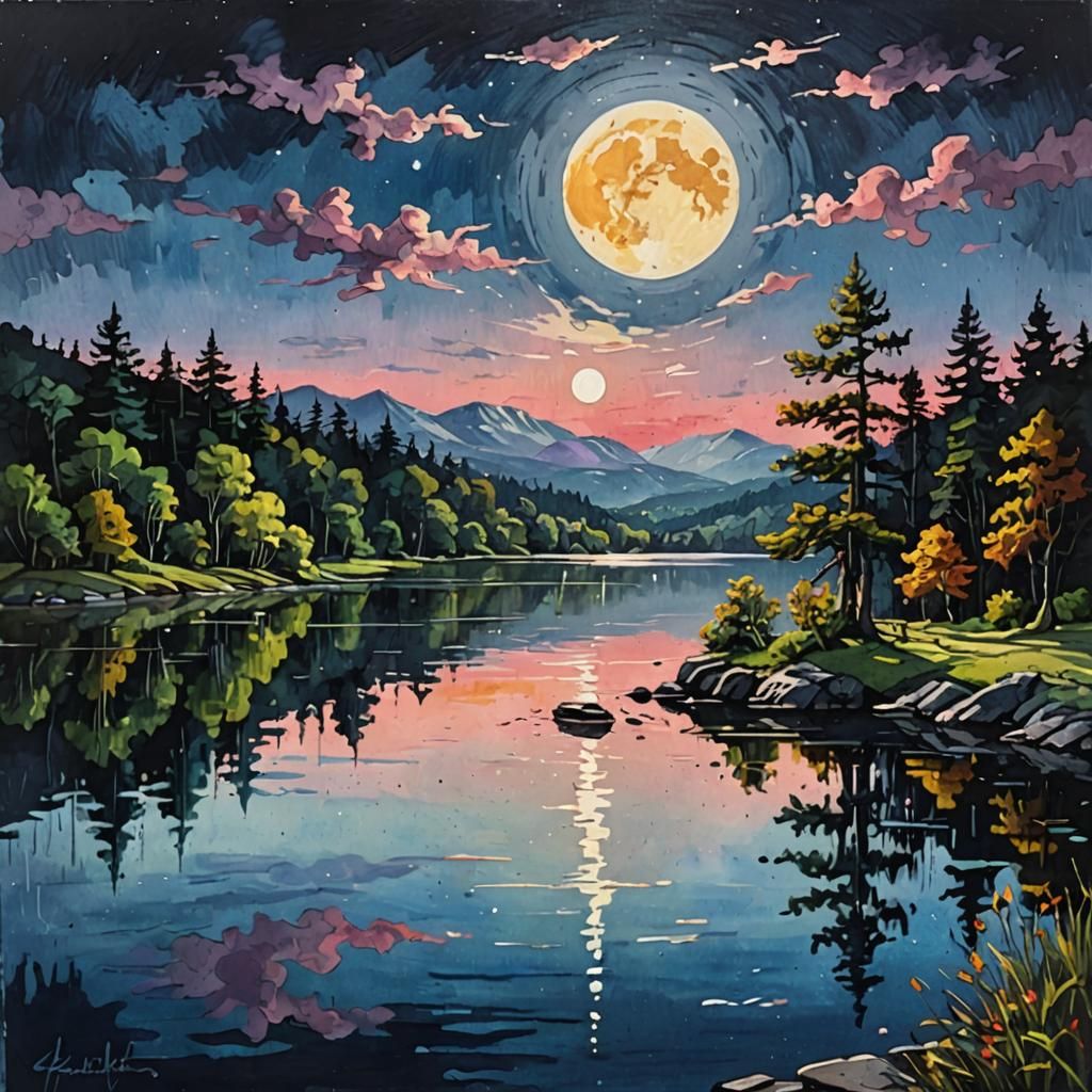 Lakeside Moon Reflection in Gouache Painting