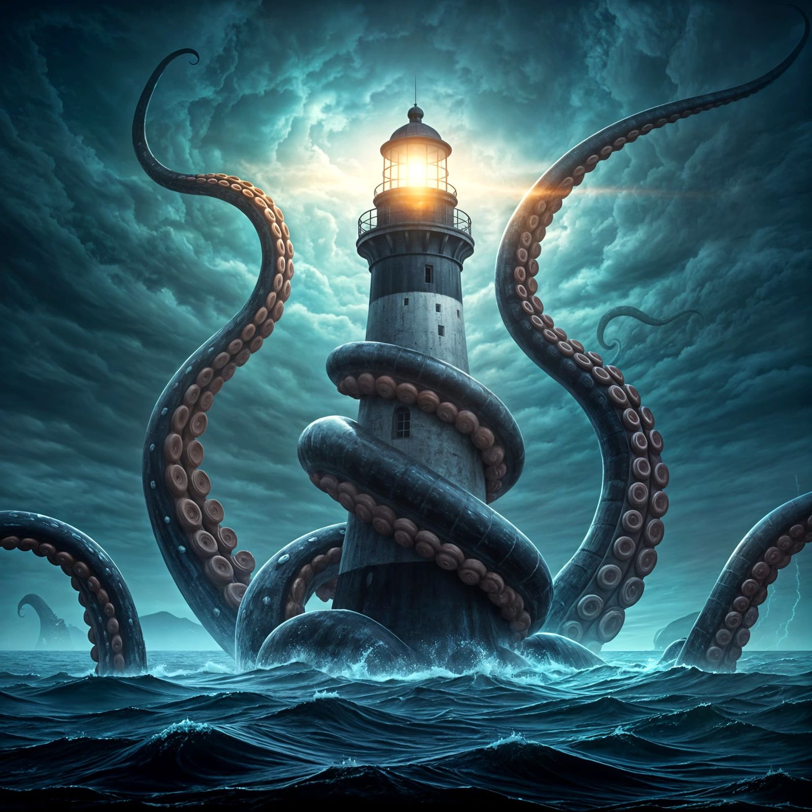 Kraken Attacks Lighthouse in Stormy Seas