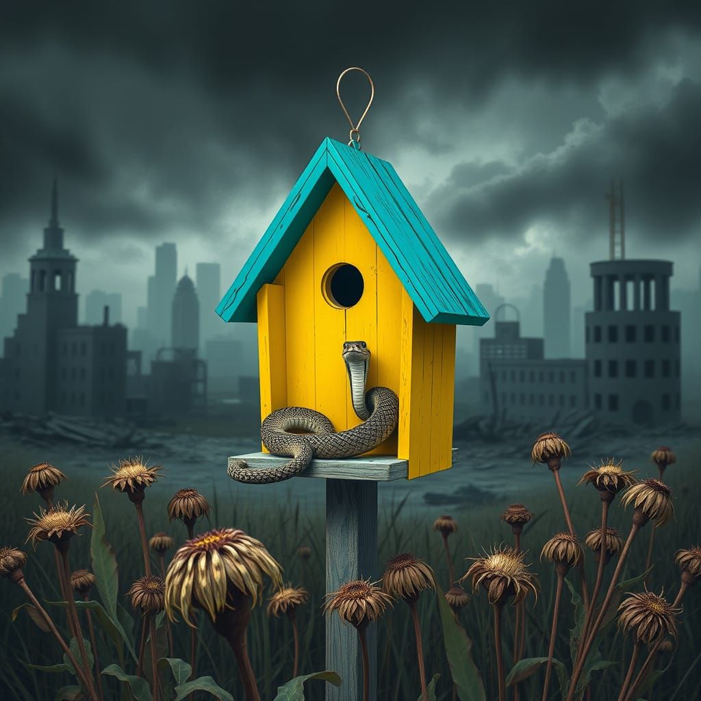 Doomsday Birdhouse with Snake, Hyperrealist Digital Art