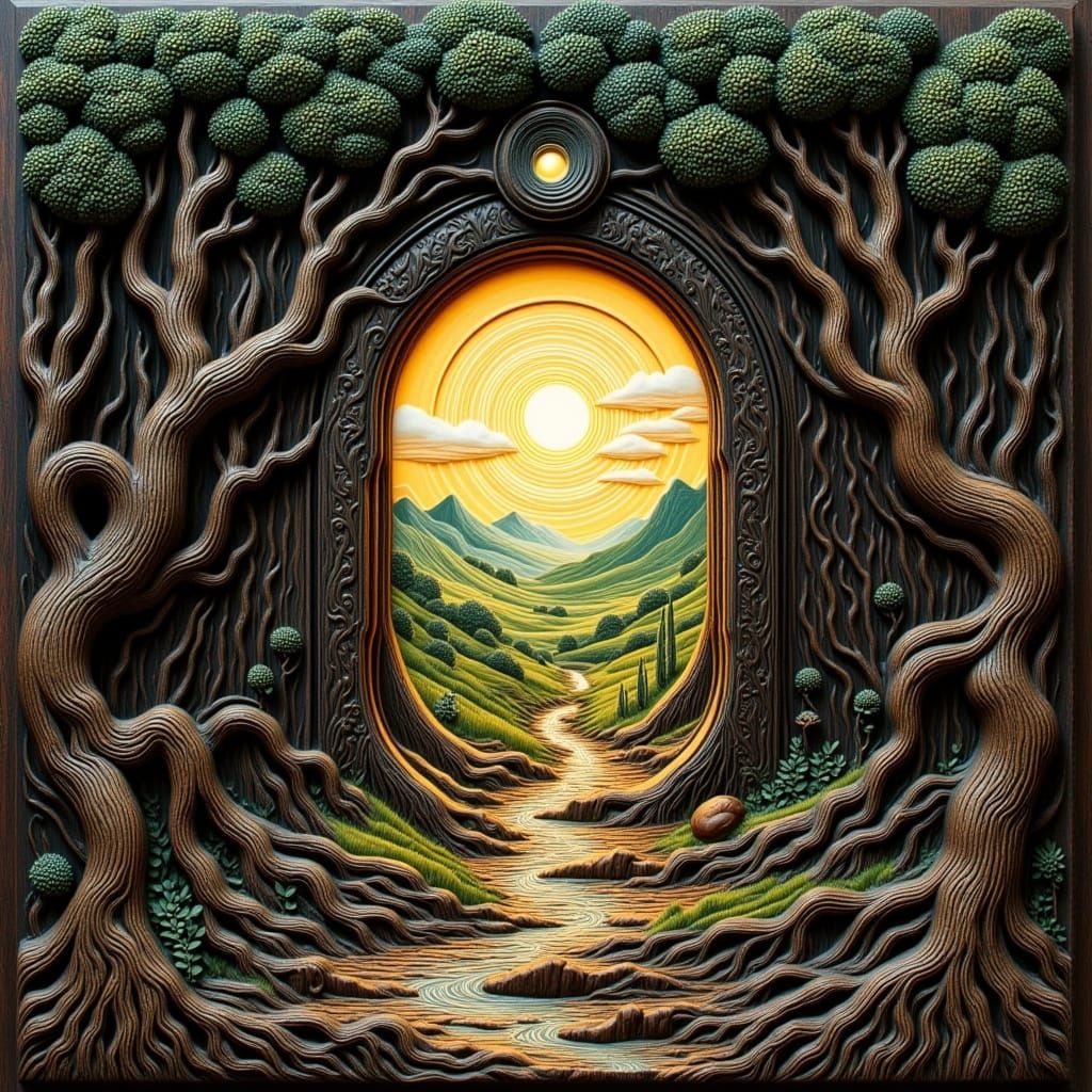Dark Wood Portal to Enchanted Realm in Whimsical Style