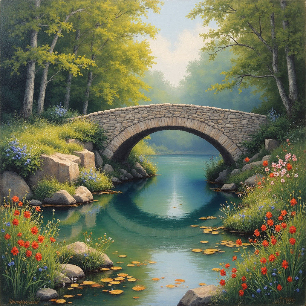 Stone Bridge Over Lake in Impressionist Style