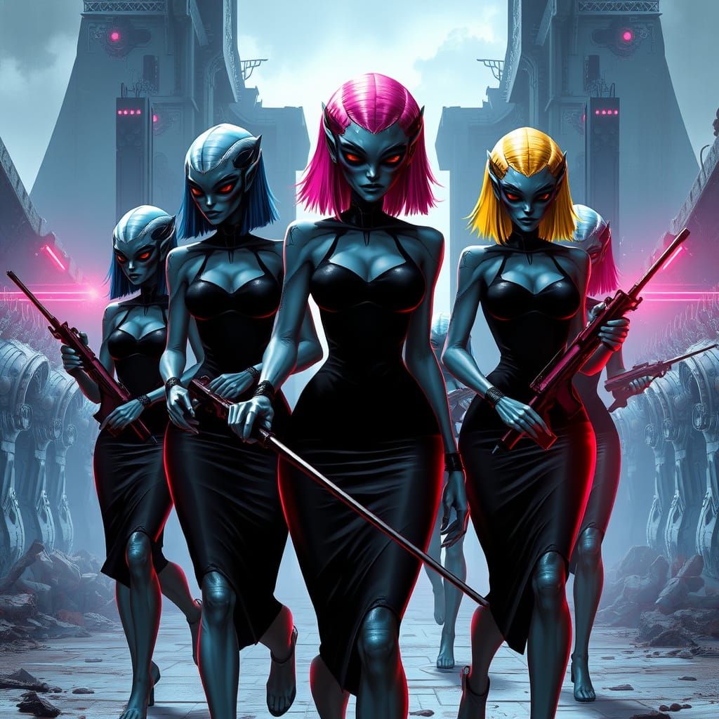 Gates of Almotdac: Alien Women in Black, Armed and Ready