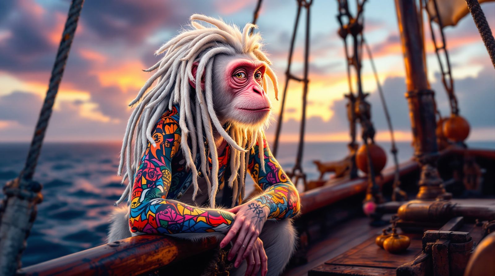 Dread Pirate Monkey with White Dreadlocks on Ship