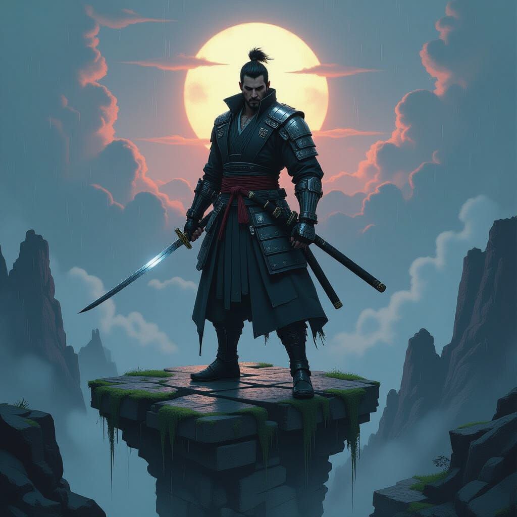 Cybernetic Samurai in Stormy Sky
