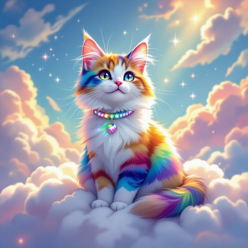 Rainbow Cat on a Cloud in Whimsical Style