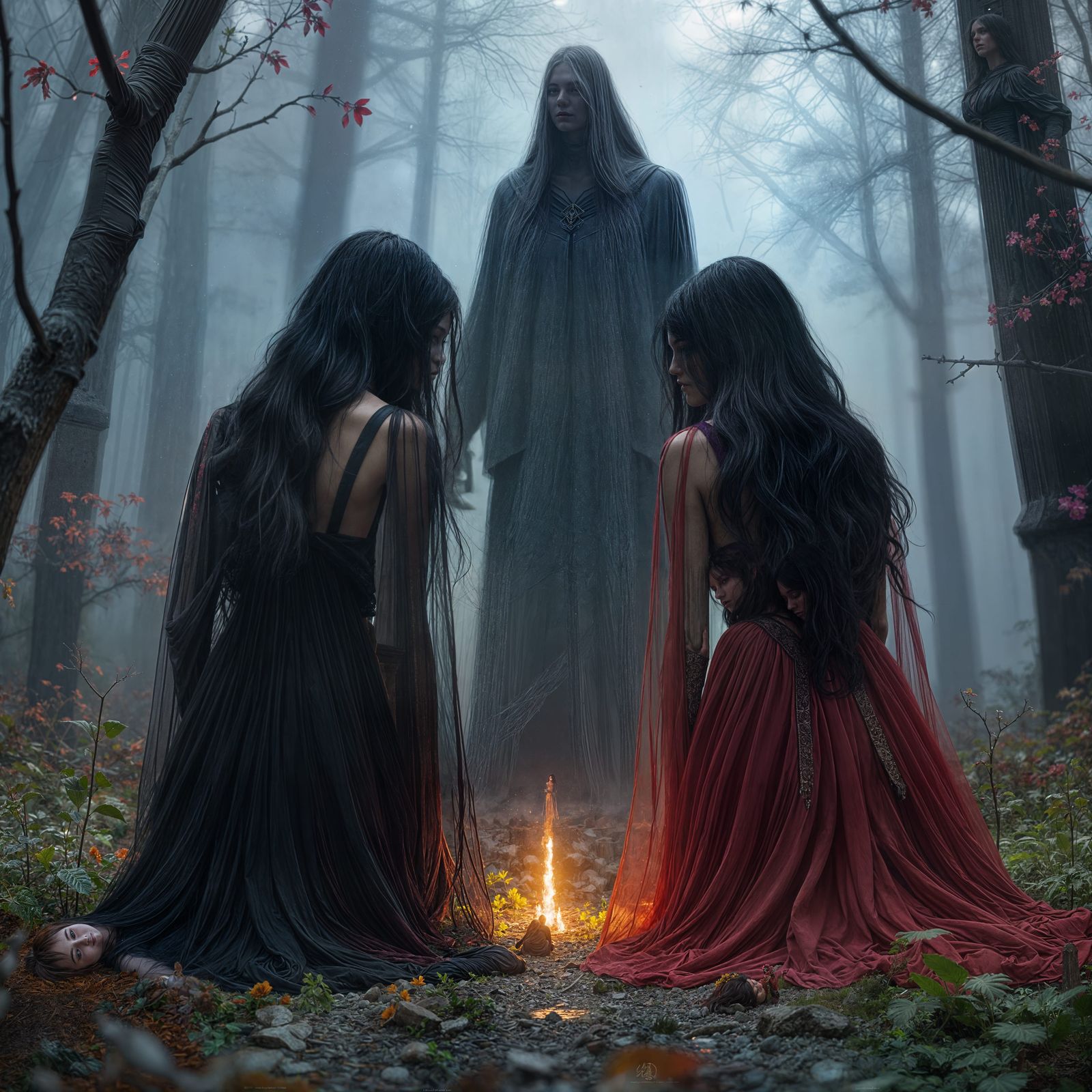 Mourning Women with Ghost in Dark Fantasy Style