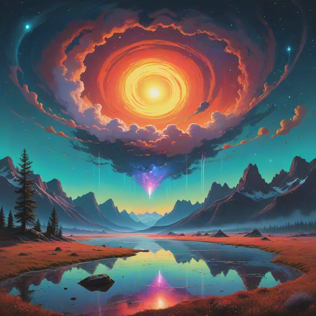 Ethereal Cosmic Dreamscape in Vibrant Hues and Iridescent Cl...