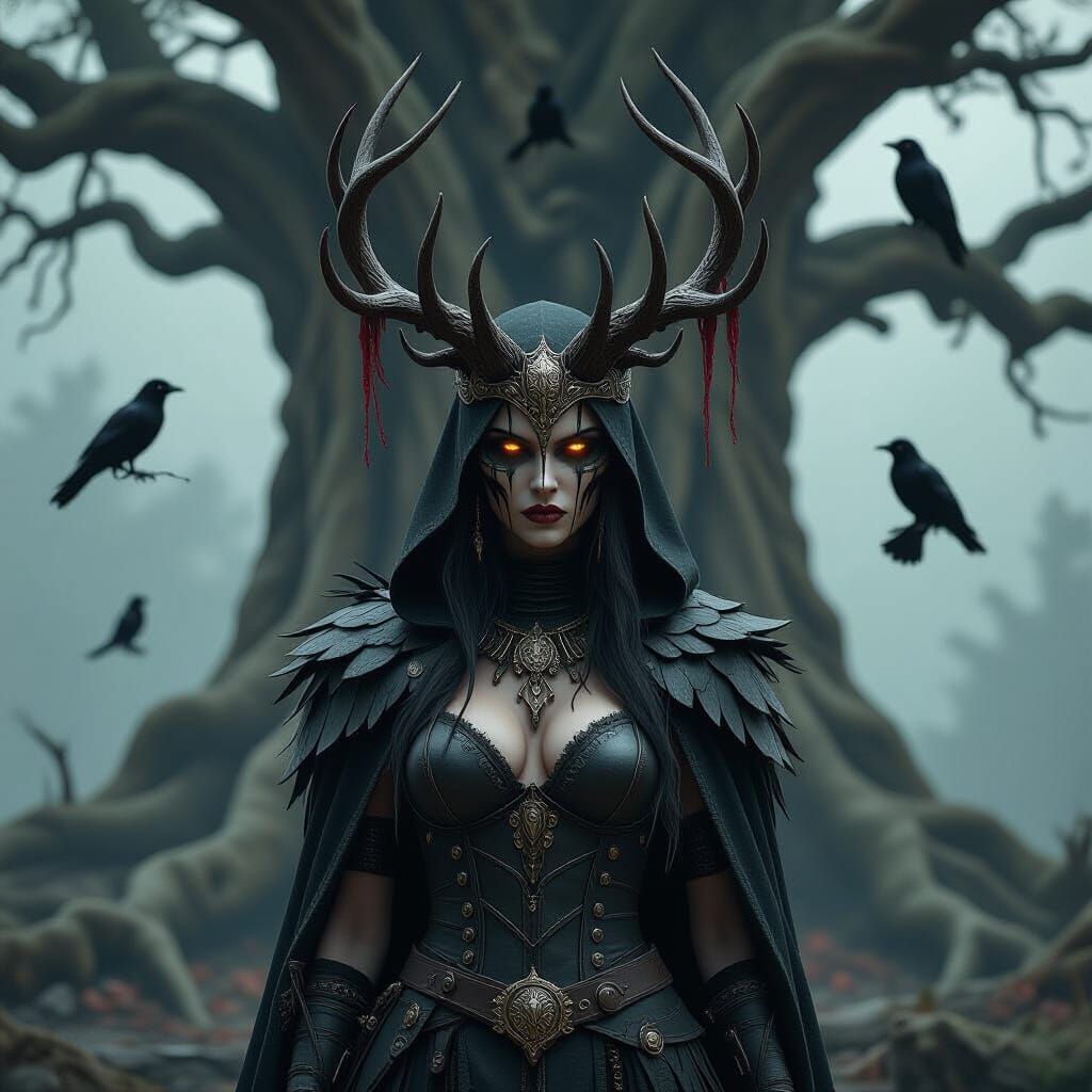 Horned Queen Before Ancient Tree, Dark Fantasy Art