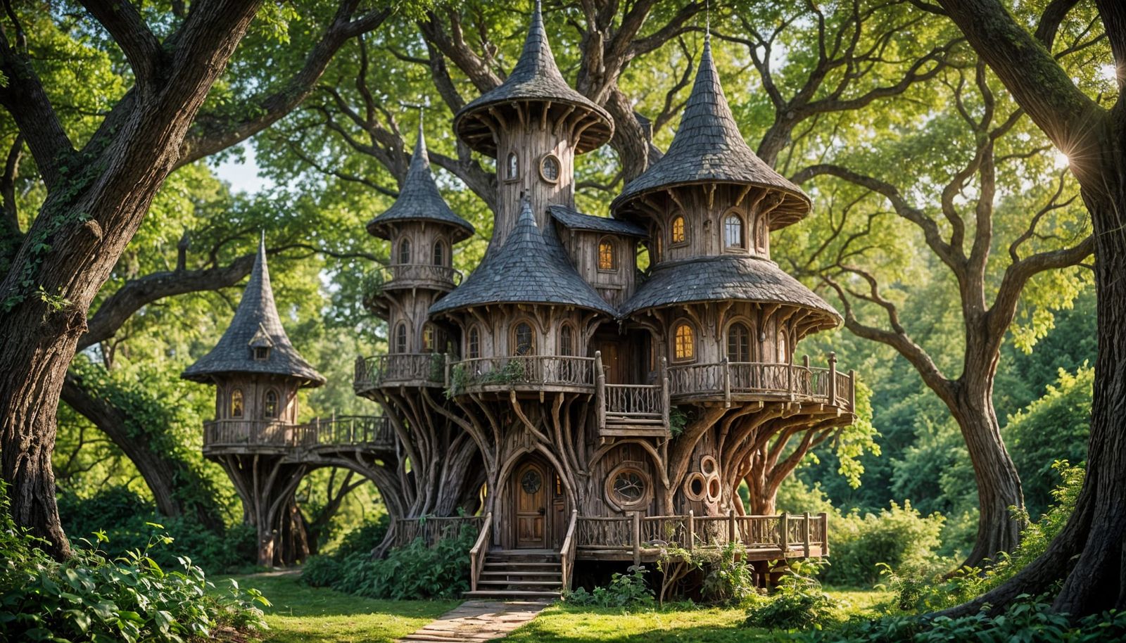Whimsical Elven Treehouse Amidst an Enchanted Forest