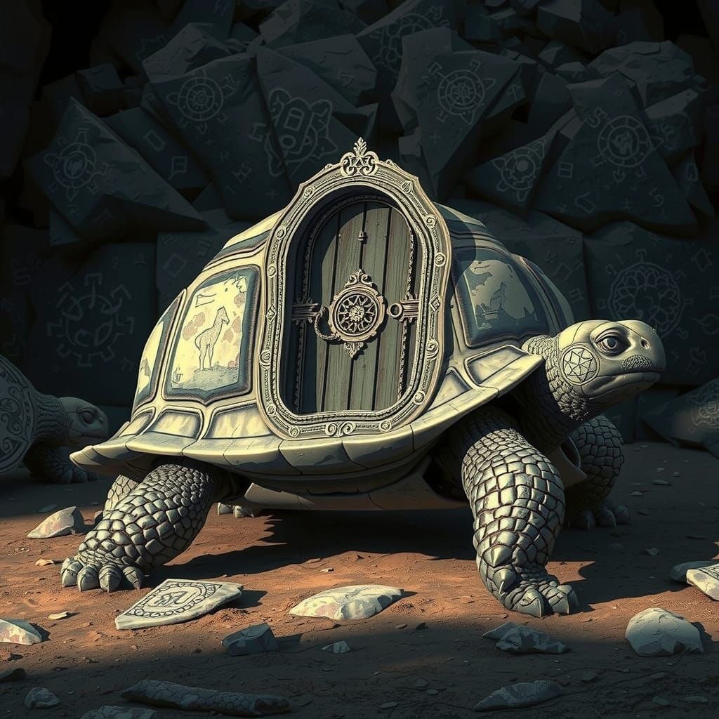 Mysterious Tortoise Door with Medieval Symbols