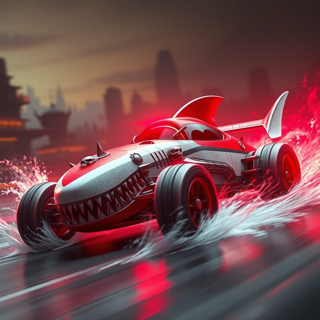 Shark Race Car with Red Lighting in Fantasy Realm