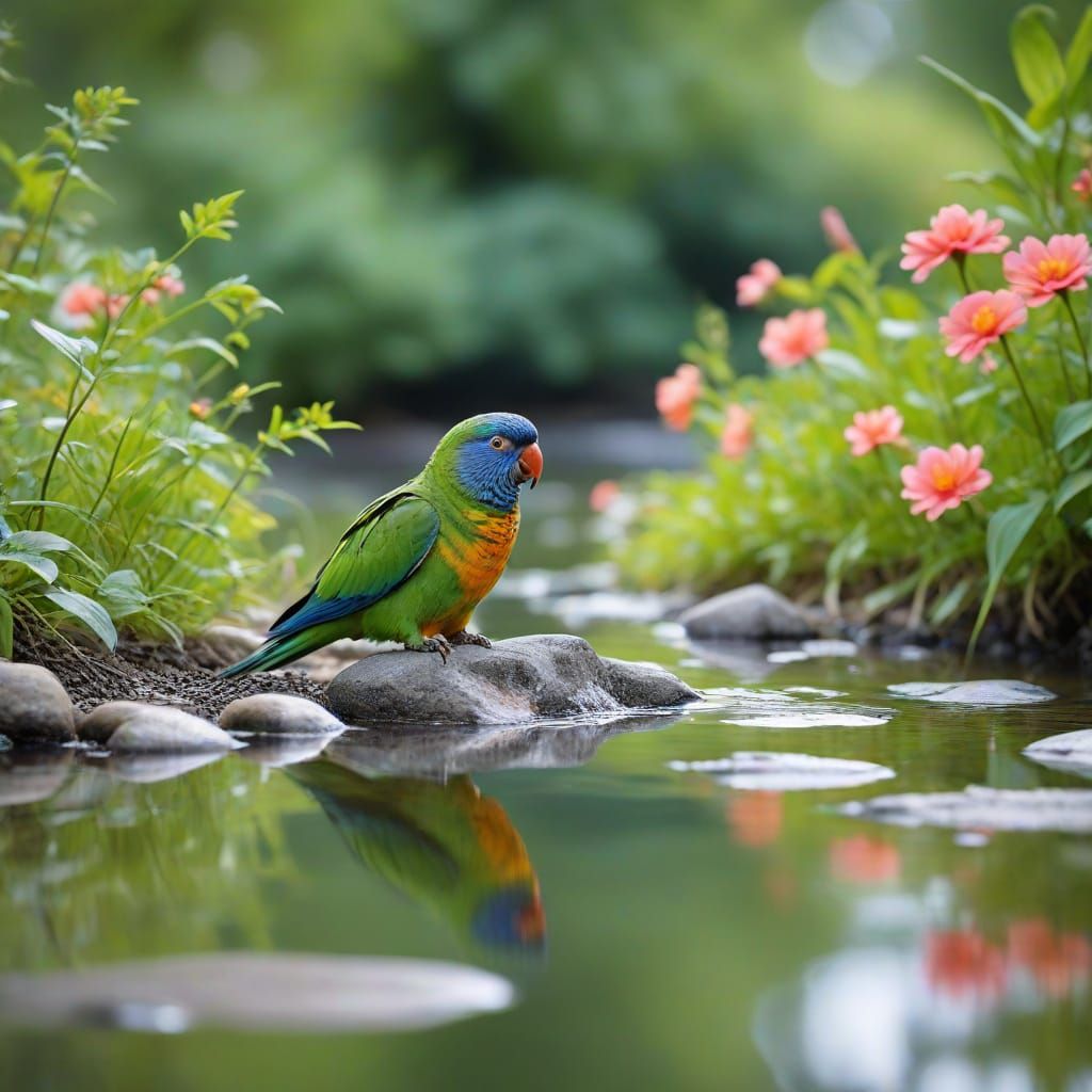 Vibrant Watercolor Painting of a Parrot in a Blooming Stream