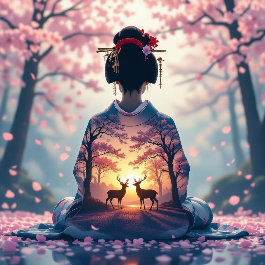 Geisha Meditation Silhouette with Blossom Forest