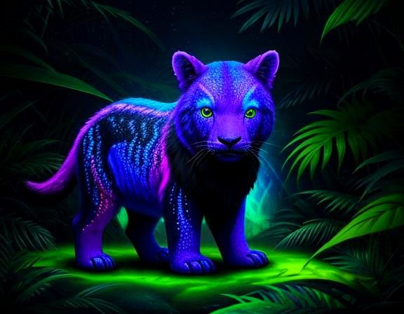 Neon Rainbow Creature in Alien Forest: Impasto Art