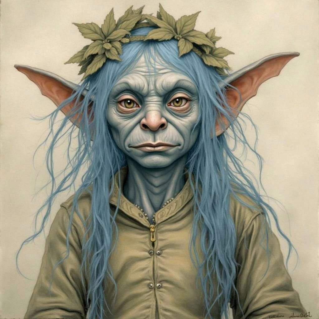Surreal Troll Figure in Blue Hairdo, Inspired by Mythic Art
