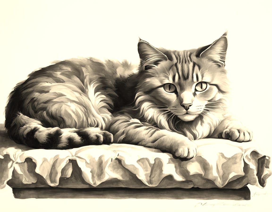 Elegant Feline Study in Baroque Ink Drawing