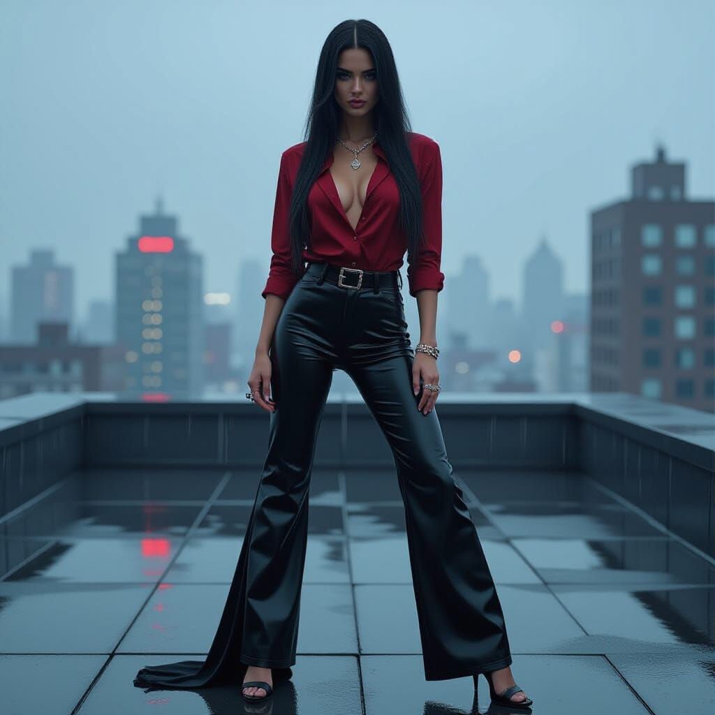 Rainy Rooftop Mafia Queen in Hyperrealistic Style