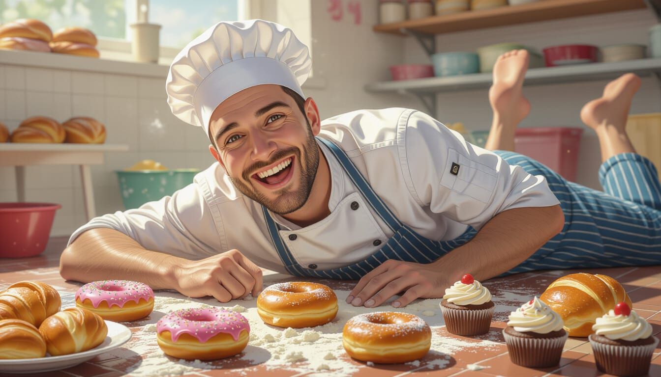 Baker Relaxing on Floor Surrounded by Delicious Pastries