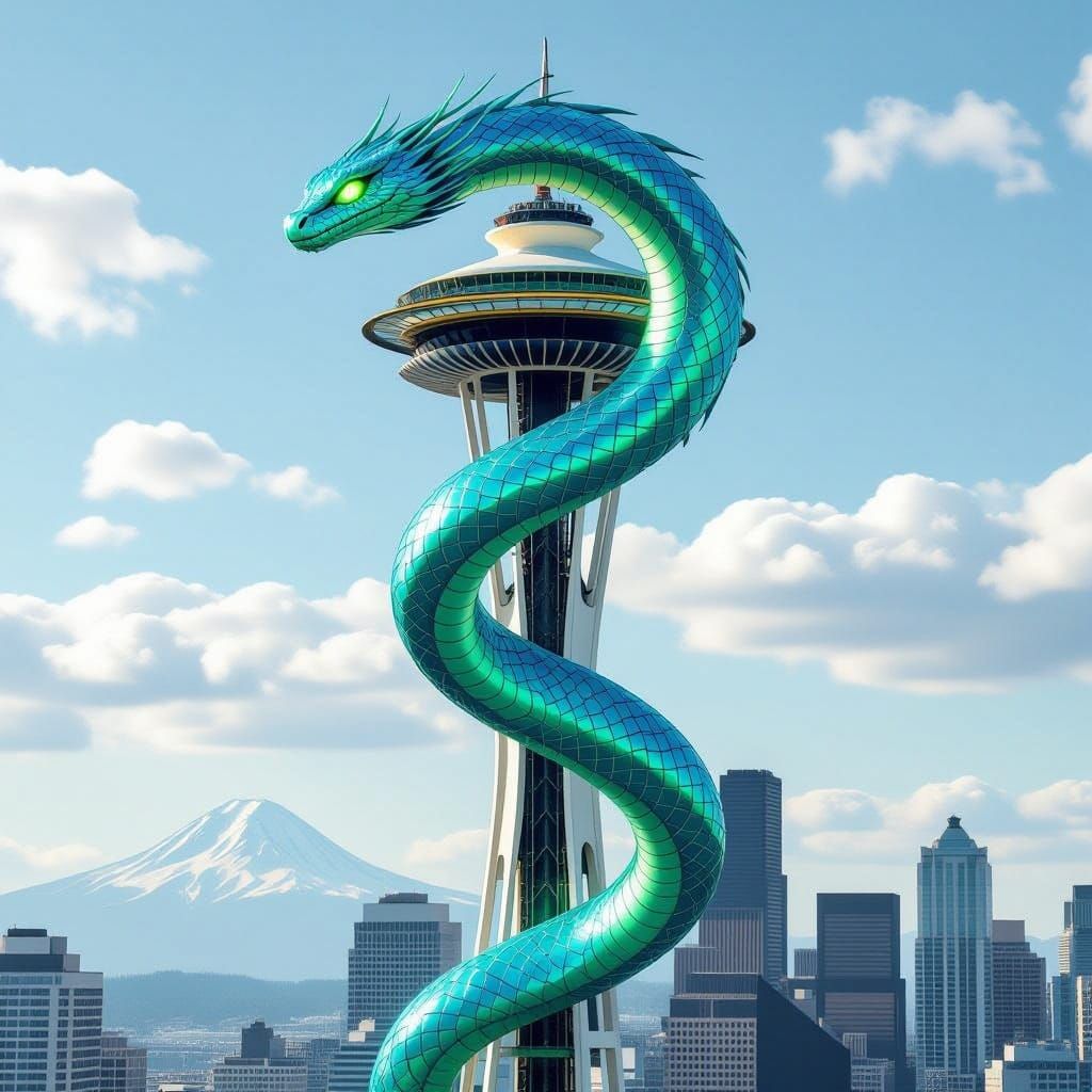 Surreal Biomechanical Sea Serpent Ascends the Futuristic Spa...