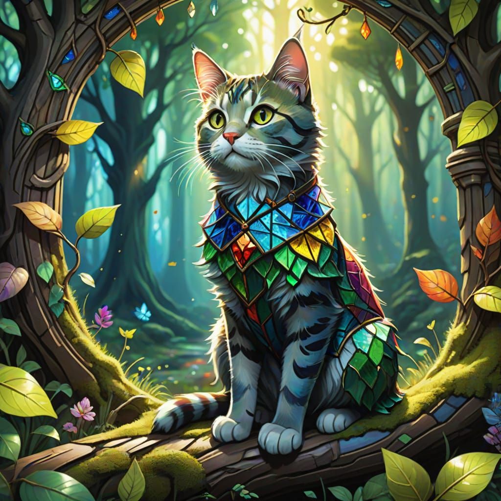 Whimsical Cat in Stained Glass Dress on Mossy Branch