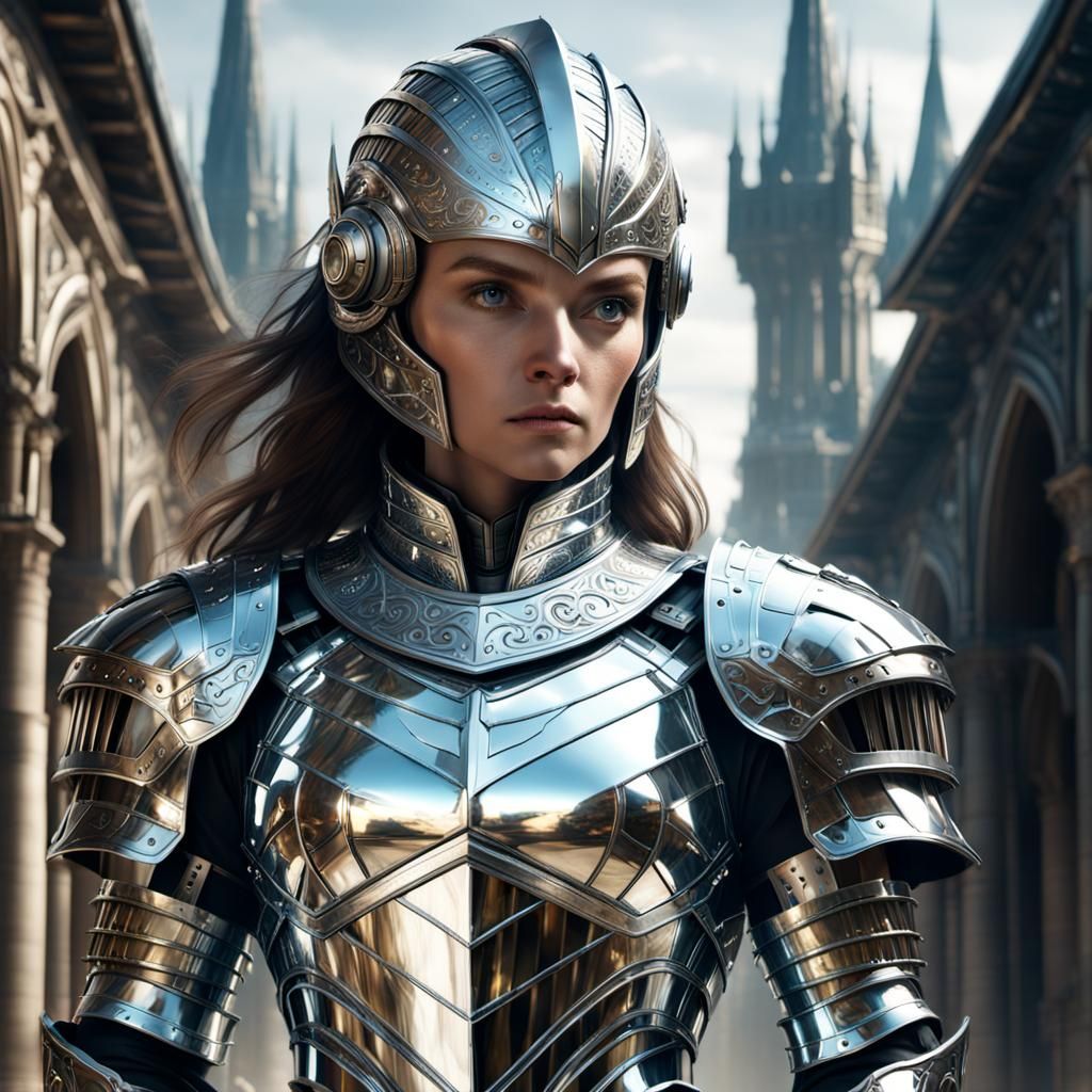 Woman in Chrome Armor: Reflective Digital Art