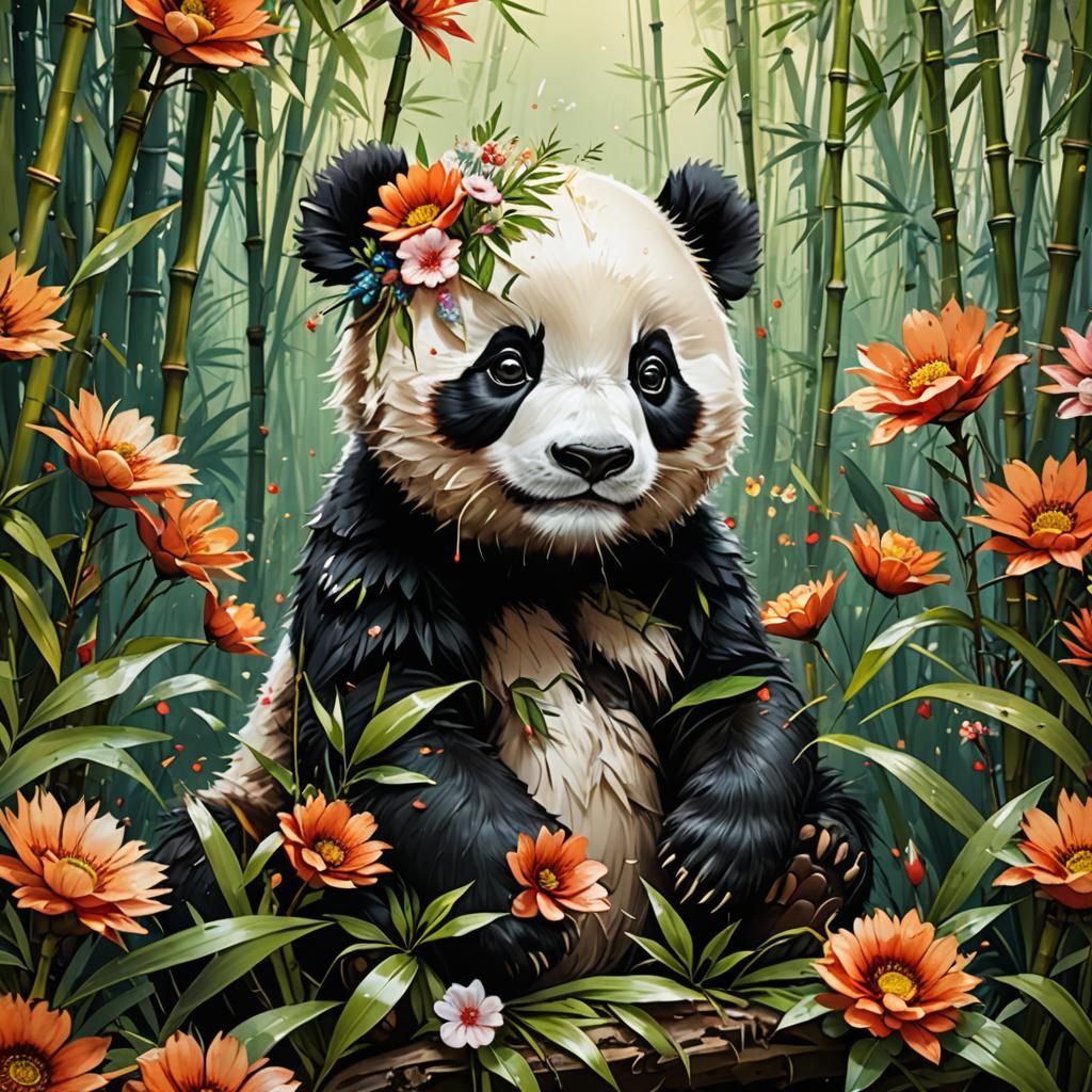 baby panda covered in  flowers and bamboo