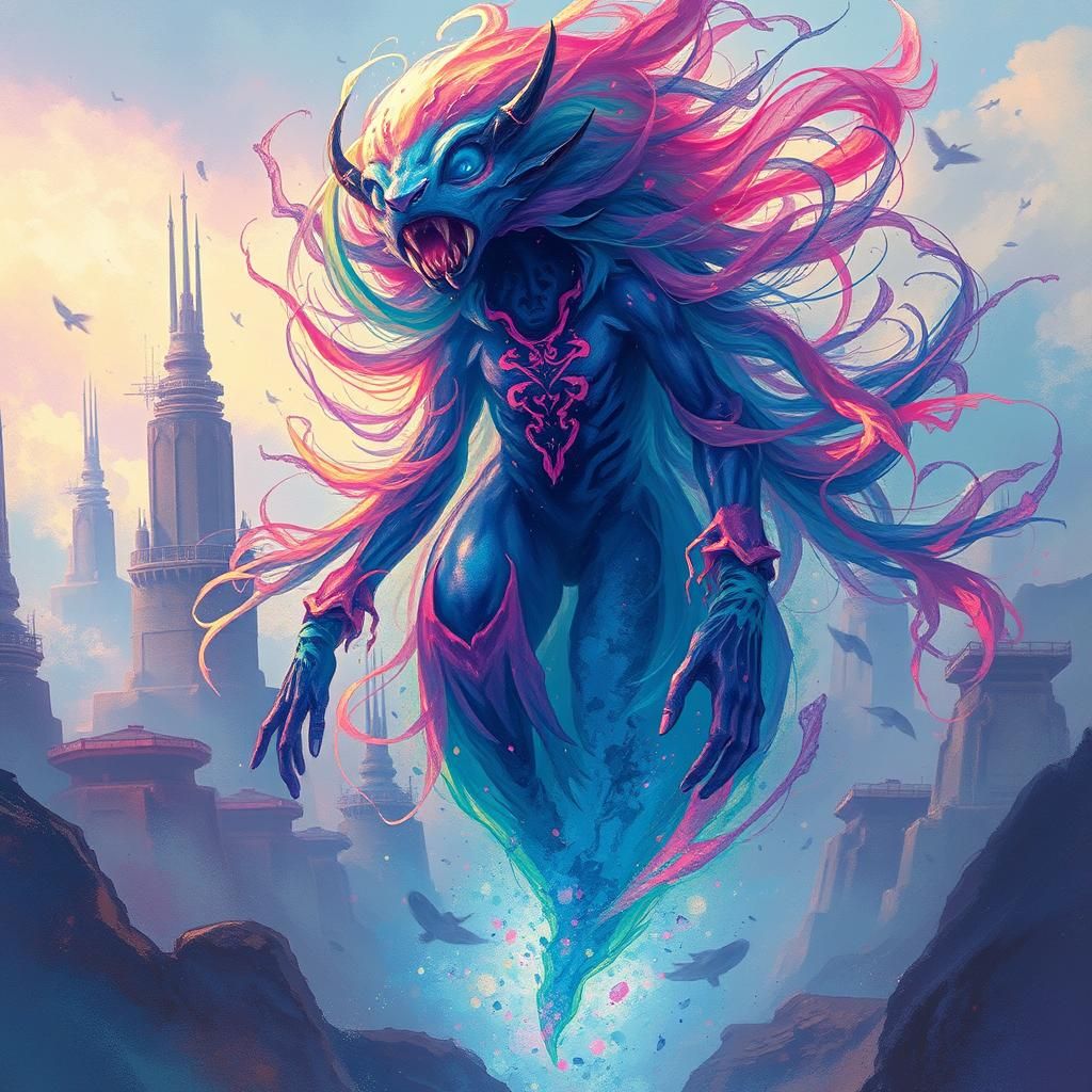 Iridescent Energy Being in Dreamlike Cyberpunk Cityscape