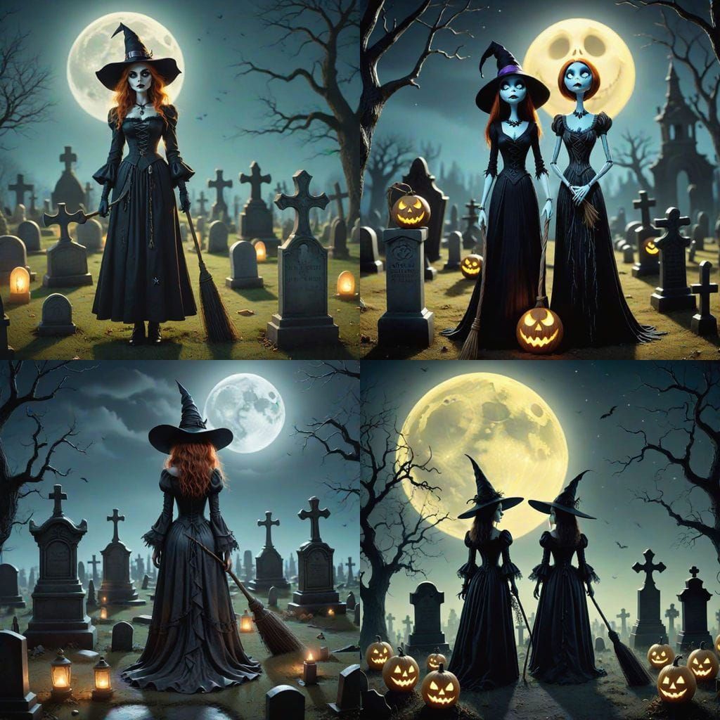 Sally in Witches Outfit Under Glowing Moon in Cemetery