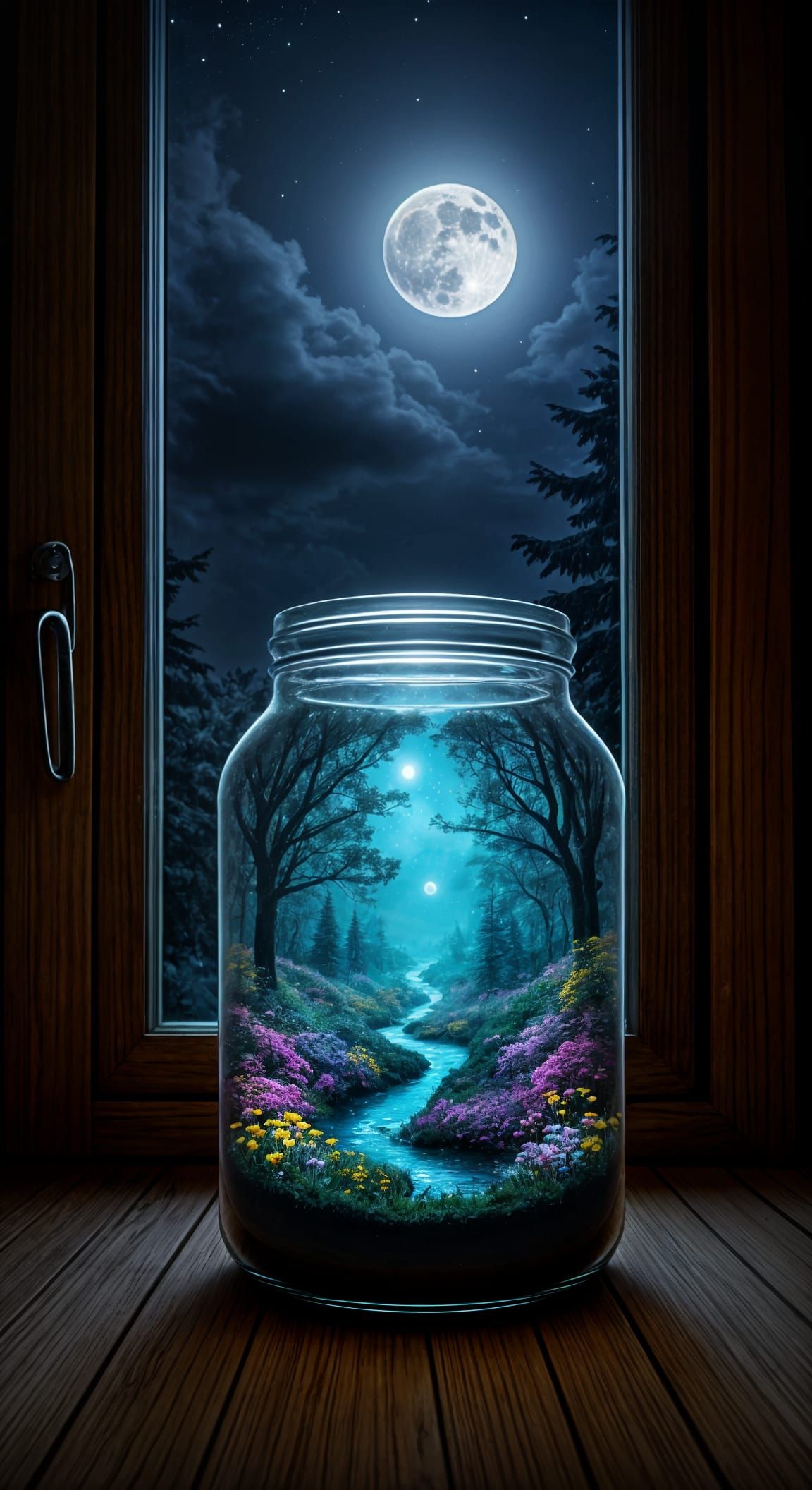 Miniature Moonlit Landscape Inside a Glass Jar
