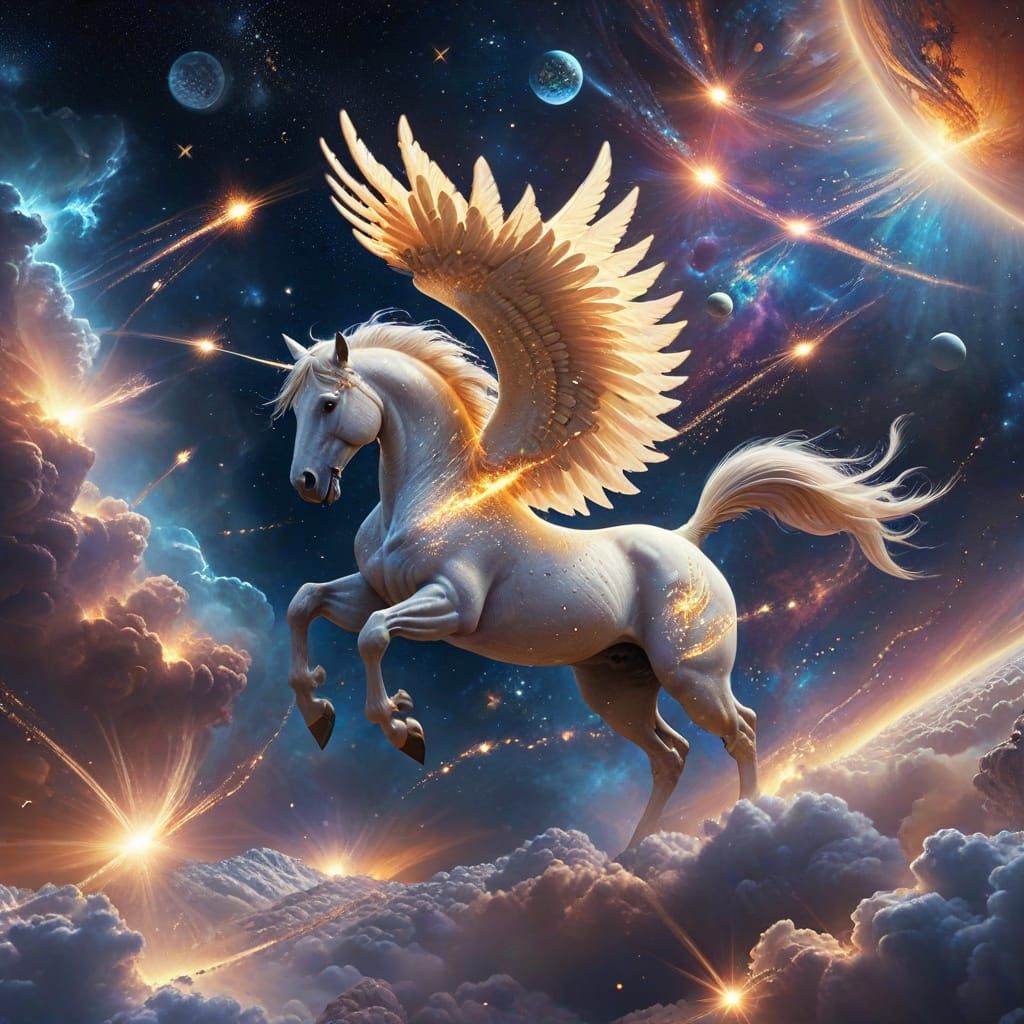 Pegasus Flies Through Galaxy in Kinkade Style