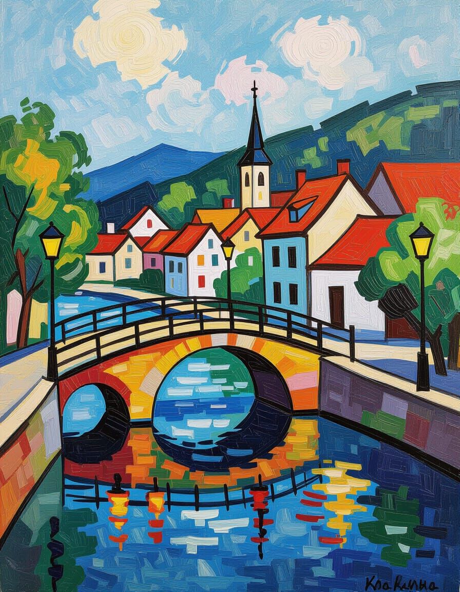 River Bridge in Neo-Impressionist Style