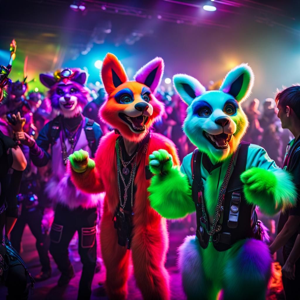 Vibrant Fursuit Rave Party in Hyperrealistic Detail