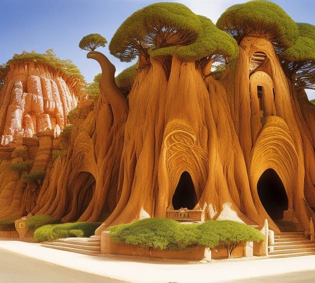 Cliffside Dwellings Under Honeycomb Moon: Digital Matte Pain...