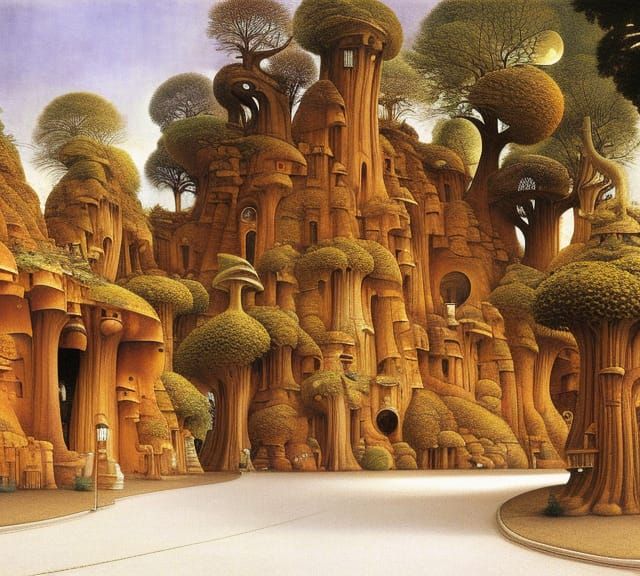 Surreal Cliffside Village Under Moonlight, Digital Painting