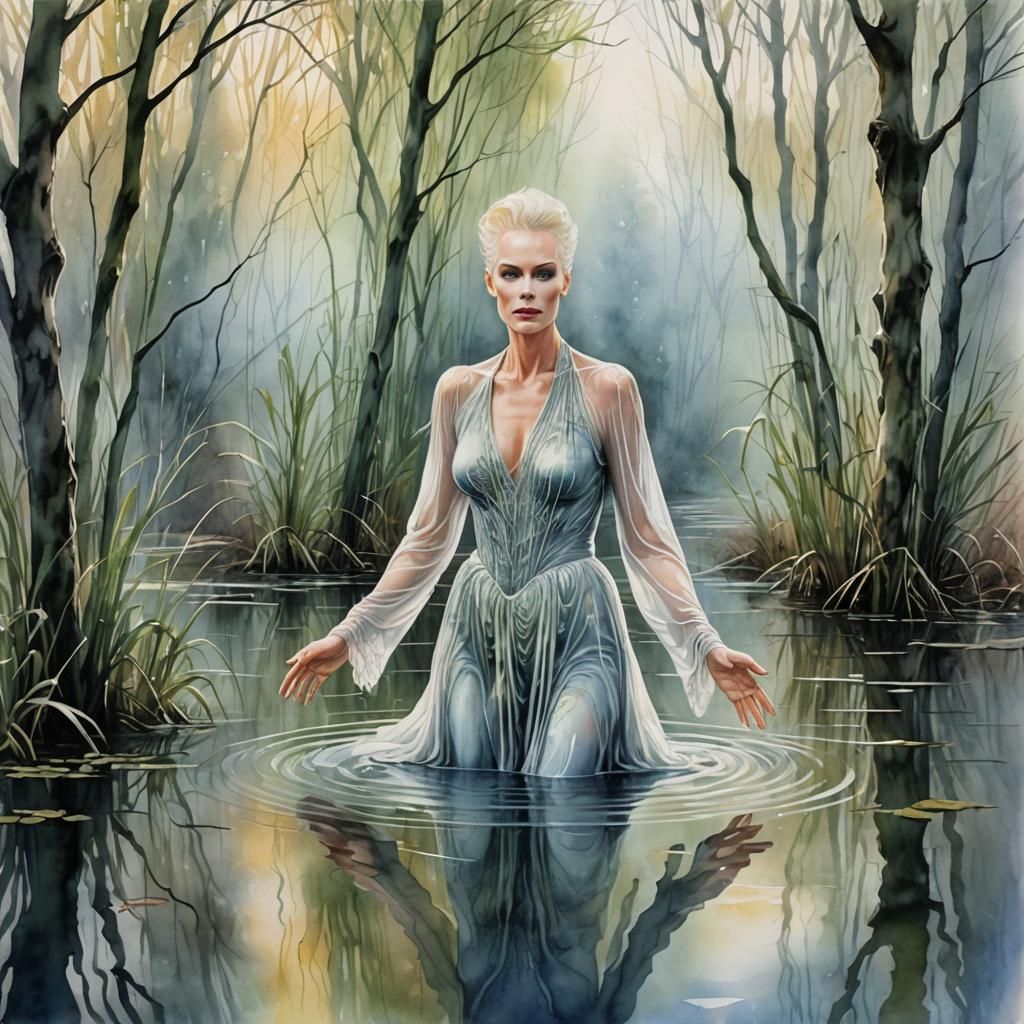 Ethereal Woman Floating on Misty Lake