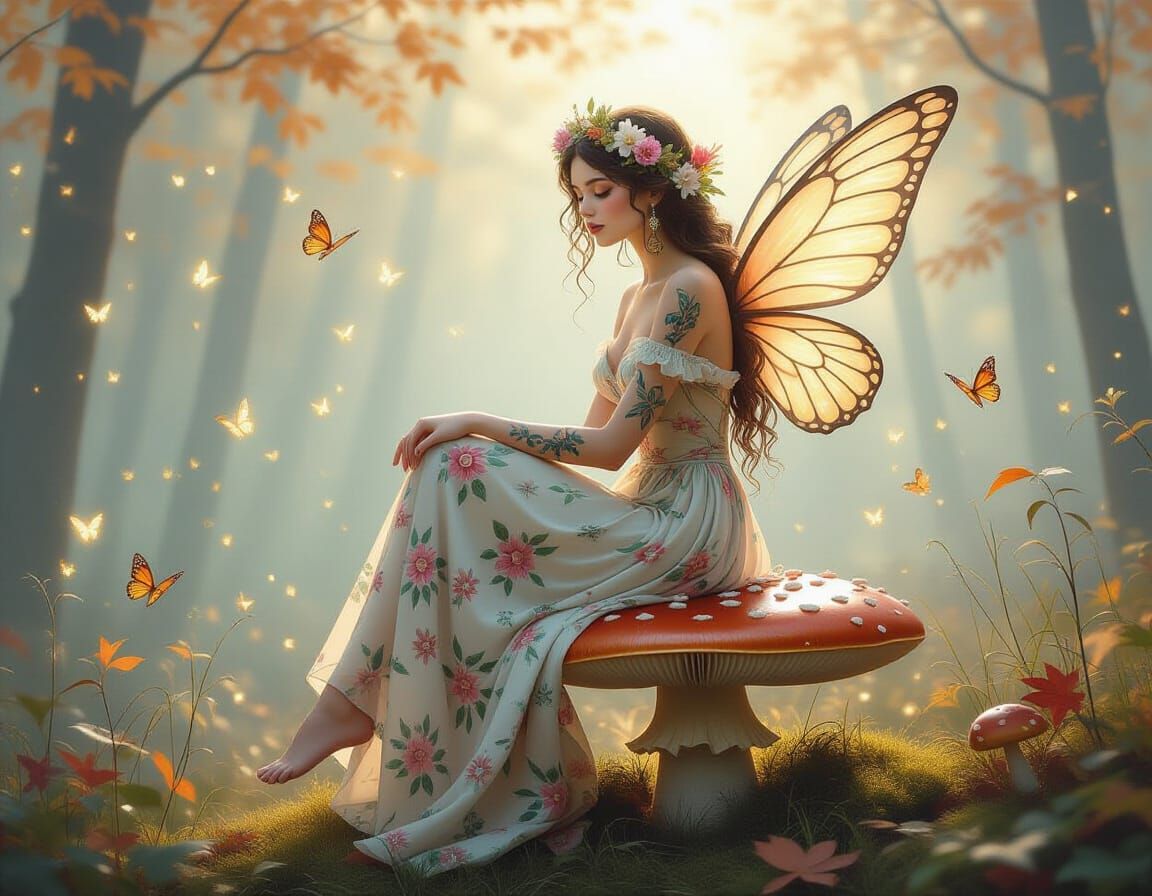 Forest Nymph on Mushroom in Dreamy Surreal Style