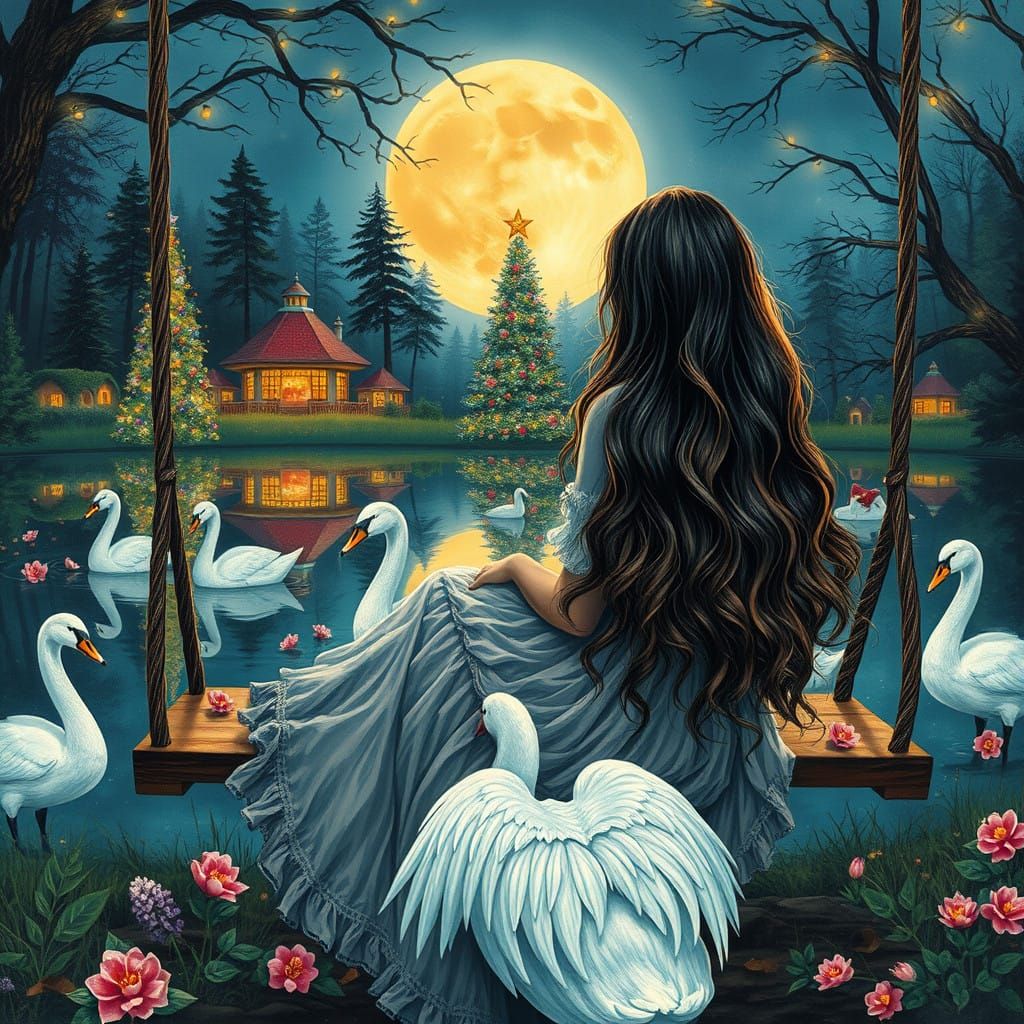 Magical Christmas Scene with Long Wavy Hair Woman