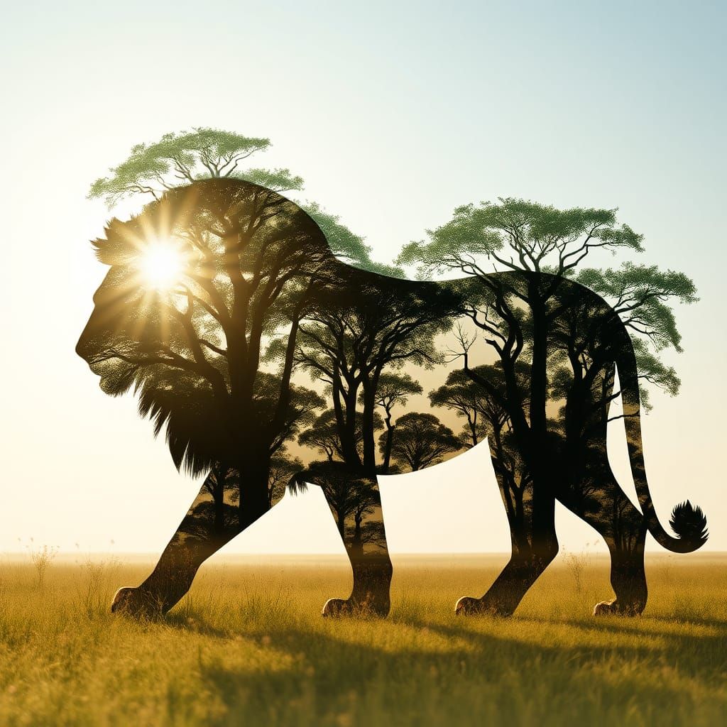Lion Silhouette Double Exposure with Forest Foliage