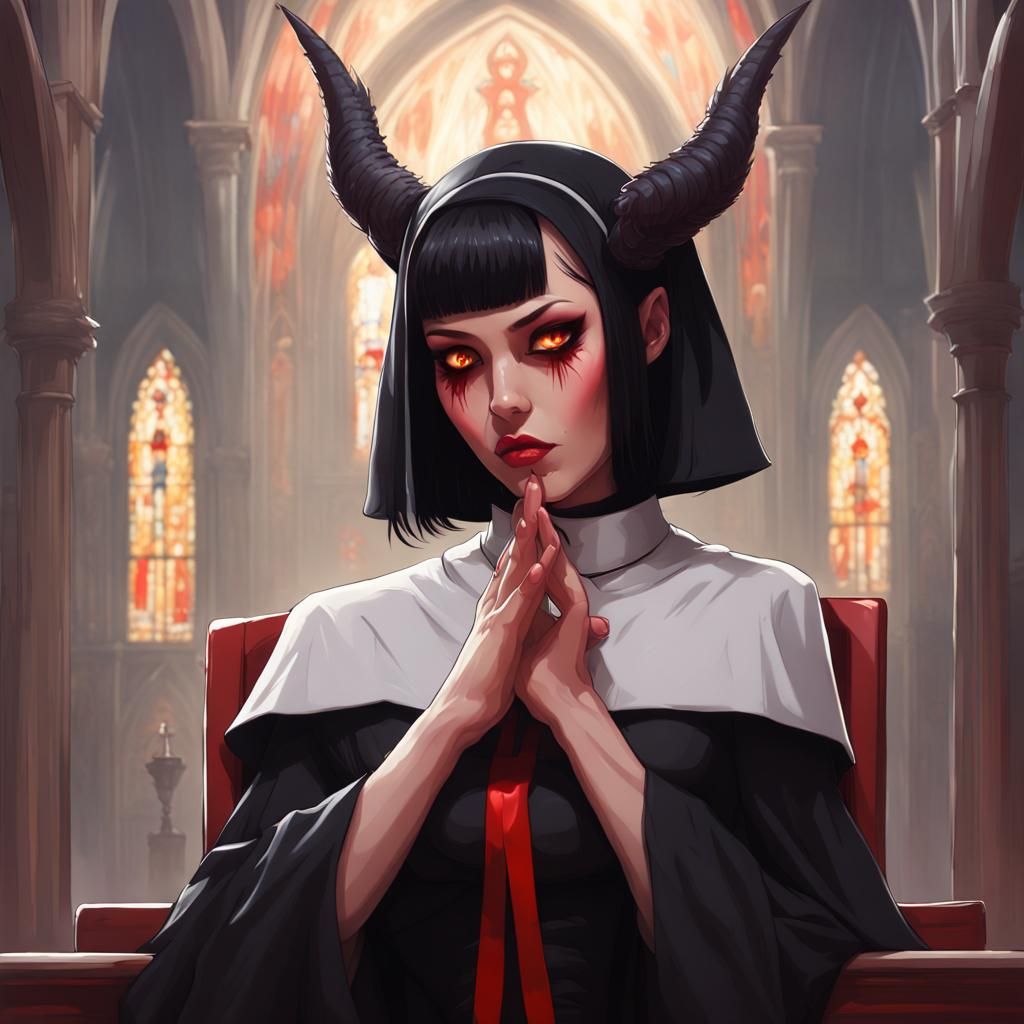 Nun Praying Under Demon Girl: Hyperdetailed Portrait