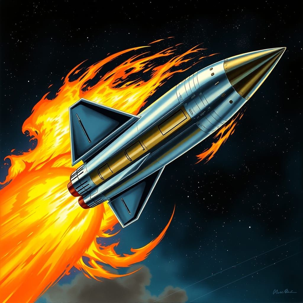 Futuristic Rocket Ship Engulfed in Blazing Inferno