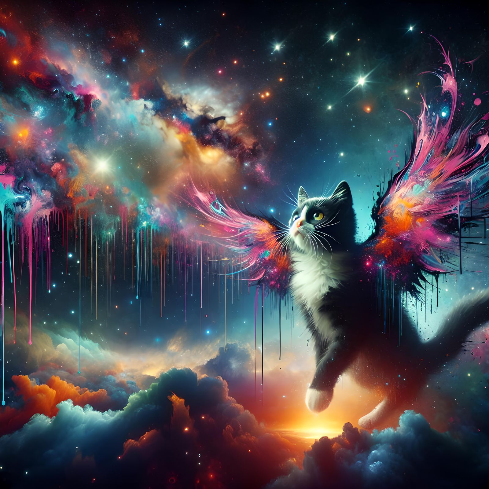 Winged Cat Soaring Through Cosmic New Year, Graffiti Art