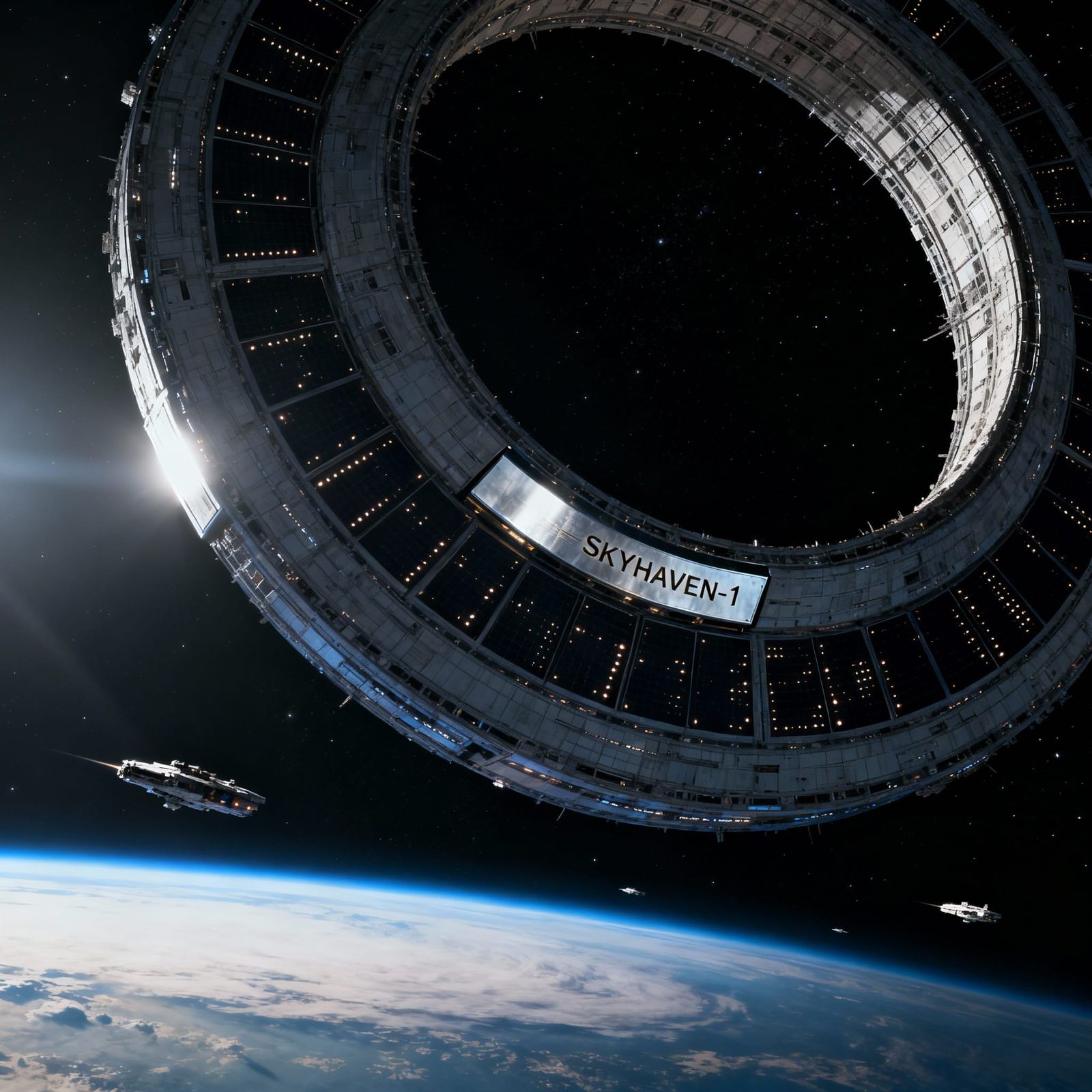 Massive Futuristic Space Station Orbiting Earth