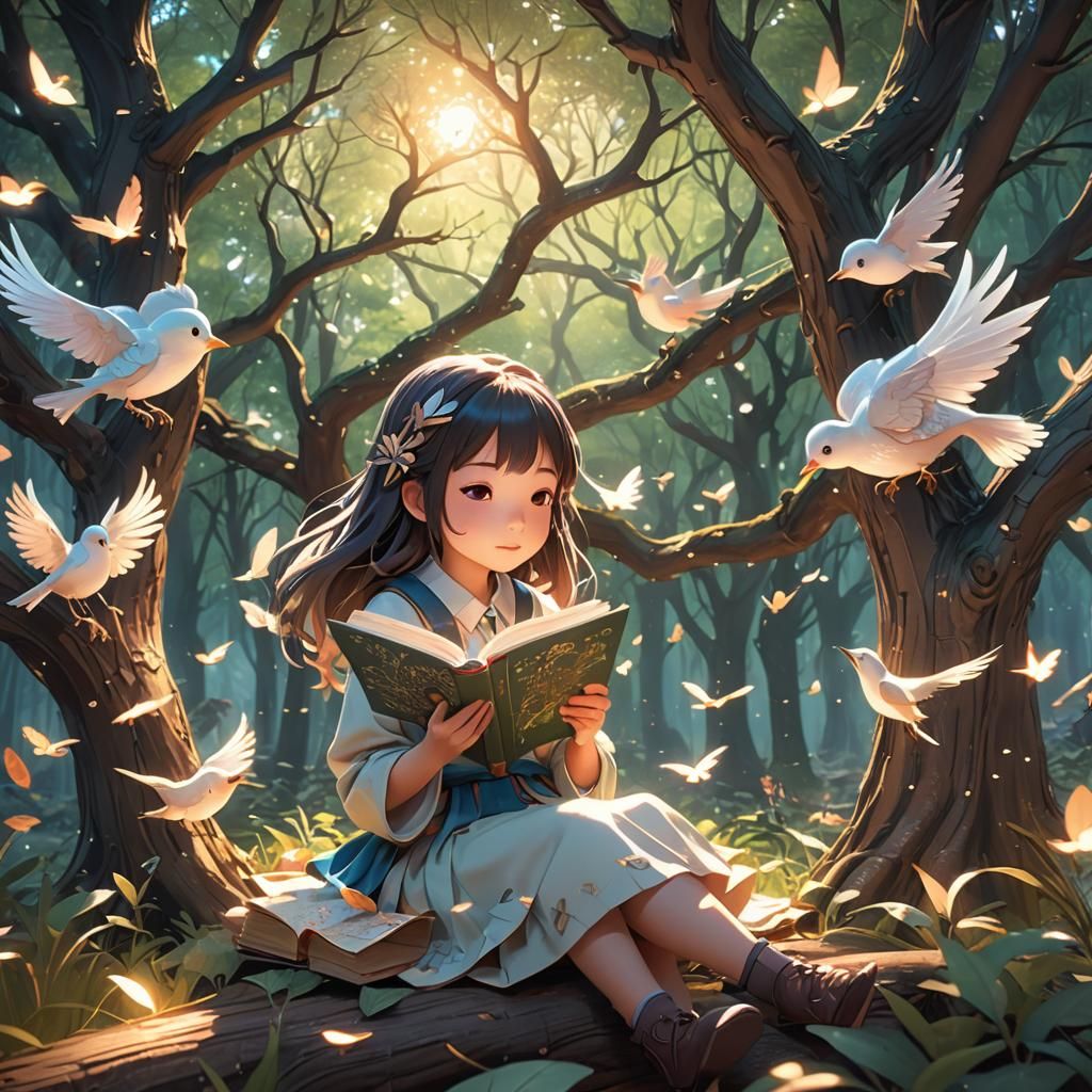 Magical Forest: 3D Anime Girl Reading